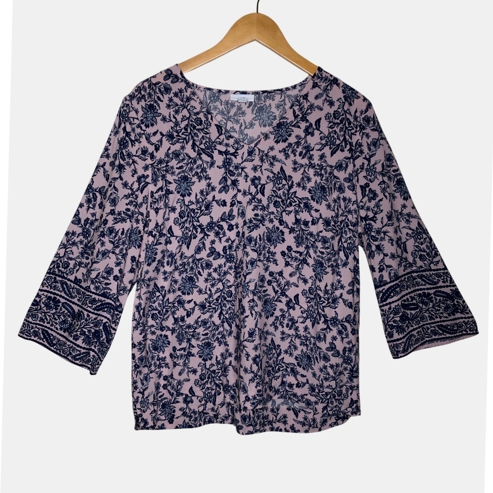 J Jill Blouse  Medium Pink Blue Floral Boho Rayon Top 3/4 Sleeve 8 Cottage‎ Core